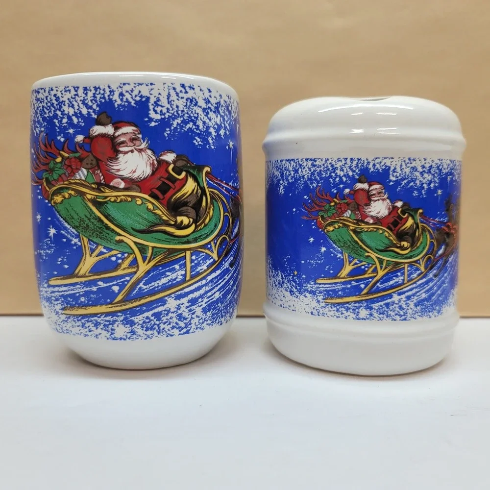 Vintage Christmas Santa Sleigh Ceramic Toothbrush Holder and Cup Set Blue White